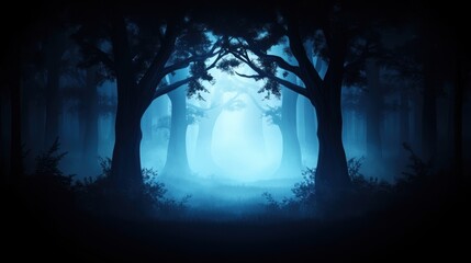 A serene forest scene with ethereal blue mist enveloping tall trees, creating a mystical atmosphere and inviting exploration.