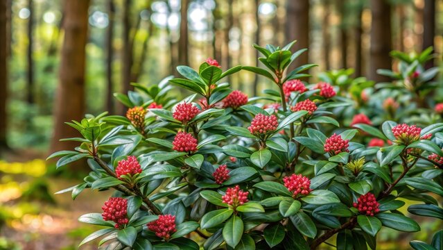 A detailed photo of an aub?pine shrub in a woodland setting, aub?pine, arbrisseau, bois, nature, plant, green, leaves