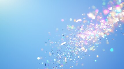 Holographic confetti burst on blue background - festive abstract design for event invitations