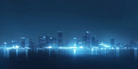 Fototapeta premium A captivating night city skyline illuminated by blue lights, reflecting on the water's surface, evoking a sense of tranquility.