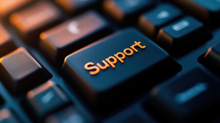 Keyboard close-up with the word "Support" highlighted on a key, conveying online assistance or helpdesk services in a minimalistic tech setting