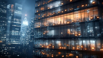 Halloween party inside a modern glass skyscraper