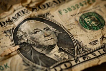Macro shot of a very used and wrinkled one dollar bill, showing the portrait of george washington