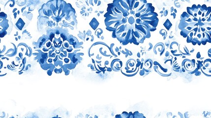 Blue and white watercolor azulejo tile border background Seamless coastal geometric blur mosaic effect banner Ornamental arabesque design for summer fashion repeated edge trim