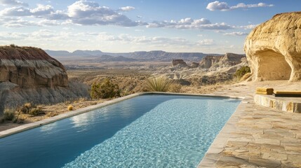 Fototapeta premium A pool surrounded by desert landscape, contrasting the blue water with the dry, earthy tones of the surroundings