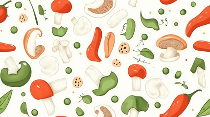 Seamless pattern featuring vegetables including paprika green peas and mushrooms