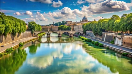 Fototapeta premium Scenic view of Tiber river in Rome, Italy , Rome, Italy, Tiber river, ancient, historical, landmark, architecture