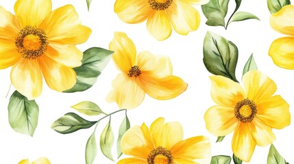 Vibrant watercolor pattern featuring large yellow flowers and leaves of a healing plant set against a white background Seamless spring design with a bold print