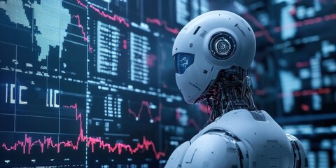 A futuristic robot analyzing data on a digital interface, showcasing advanced technology and artificial intelligence concepts.