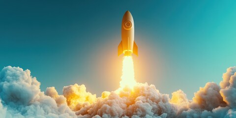 A futuristic rocket launches into a vibrant sky, leaving a trail of smoke behind. Perfect for aerospace and innovation themes.