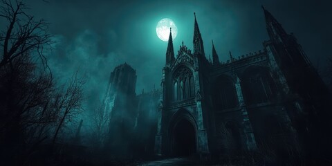 Obraz premium A haunting gothic castle shrouded in mist, under a full moon creating an eerie atmosphere, perfect for horror-themed projects.