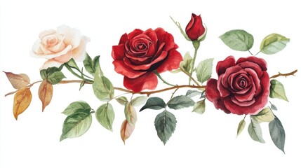 Fototapeta premium Botanical watercolor illustration of red and burgundy roses paired with green leaves and branches isolated on a clean white background