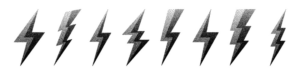 Lightning bolt icons collection. Dotted flash symbol, thunderbolt. Simple stipple lightning strike sign. Dot shading, drawing. Vector illustration