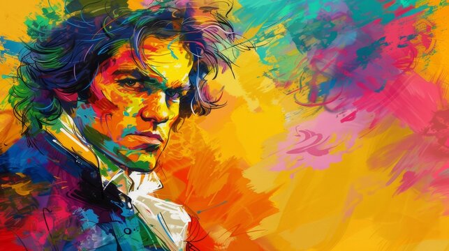 This painting is very detailed, bright colors, serious, Beethoven.