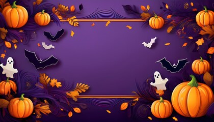 A purple background with Halloween decorations including bats, ghosts