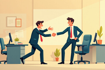 Fototapeta premium a cartoon of two men shaking hands in a room with a man shaking hands.
