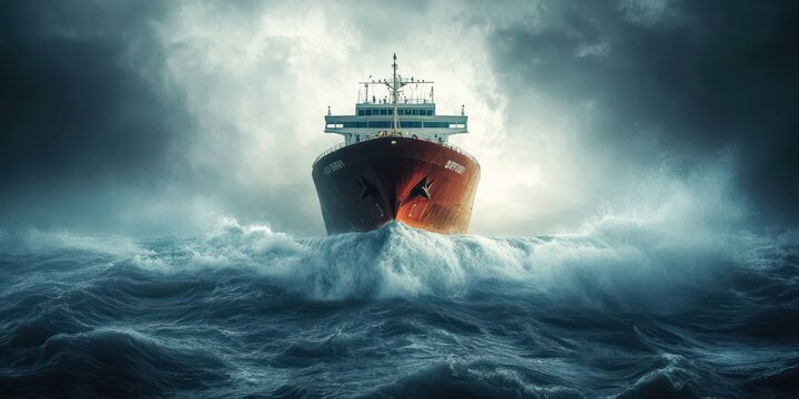 A large ship navigates turbulent waters under a stormy sky, showcasing power and resilience against nature's fury.
