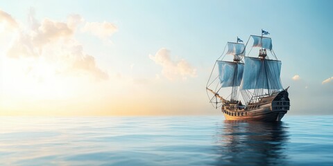 Naklejka premium A majestic sailing ship glides across calm waters at sunset, capturing the beauty of maritime adventure and serenity.