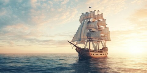 Obraz premium A majestic sailing ship gliding through tranquil waters during a stunning sunset, showcasing the beauty of nautical adventures.