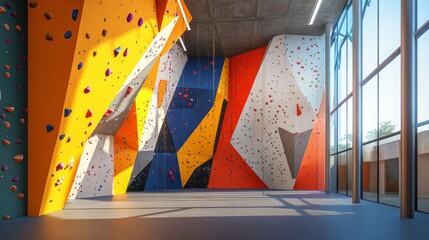 Colorful climbing walls are specifically designed for indoor bouldering and training sessions