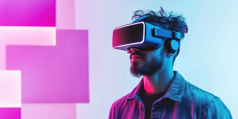 A man engaging with virtual reality technology in a vibrant, modern environment with glowing lights.