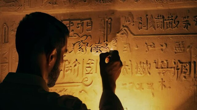 A scribe carefully engraving new hieroglyphs on a temple wall under the dim glow of oil lamps, with shadows dancing around him