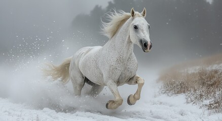 White Horse Running in Snow