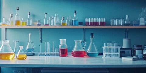 A modern laboratory scene showcasing various glassware filled with colorful liquids on a clean workbench.