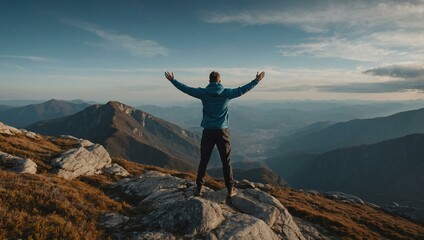 Confident Man on Mountain Top - Celebrating Fitness Goals with Raised Arms