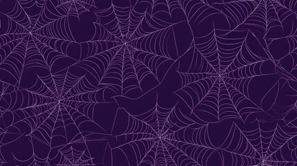 Seamless Halloween pattern featuring spider webs in a hand drawn sketch style Line art on a dark purple background