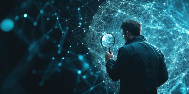 A person investigates technological connections with a magnifying glass, exploring digital networks and data visualization.