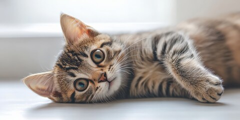 A playful tabby cat lying on a floor, showcasing its curious expression and unique fur patterns in a cozy indoor setting.