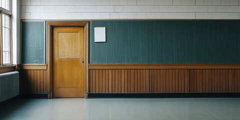 A quiet classroom featuring a wooden door and green chalkboard, ideal for educational and nostalgic themes.