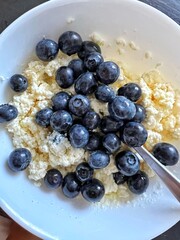 A breakfast a white plate with fresh cheese, yogurt and blueberries