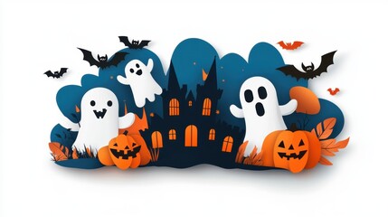 Fototapeta premium A whimsical Halloween scene featuring playful ghosts, pumpkins, bats, and a haunted castle, perfect for festive decorations.