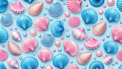 Fototapeta premium Seamless pattern of pink and blue seashells with pearls, seashells, pearls, pink, blue, underwater, marine, ocean