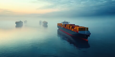 A serene morning scene of cargo ships navigating through a calm, foggy sea, showcasing tranquility and transportation.