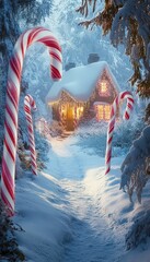 Magical Snowy Cottage Surrounded by Candy Canes in an Enchanted Forest with Festive Christmas Lights