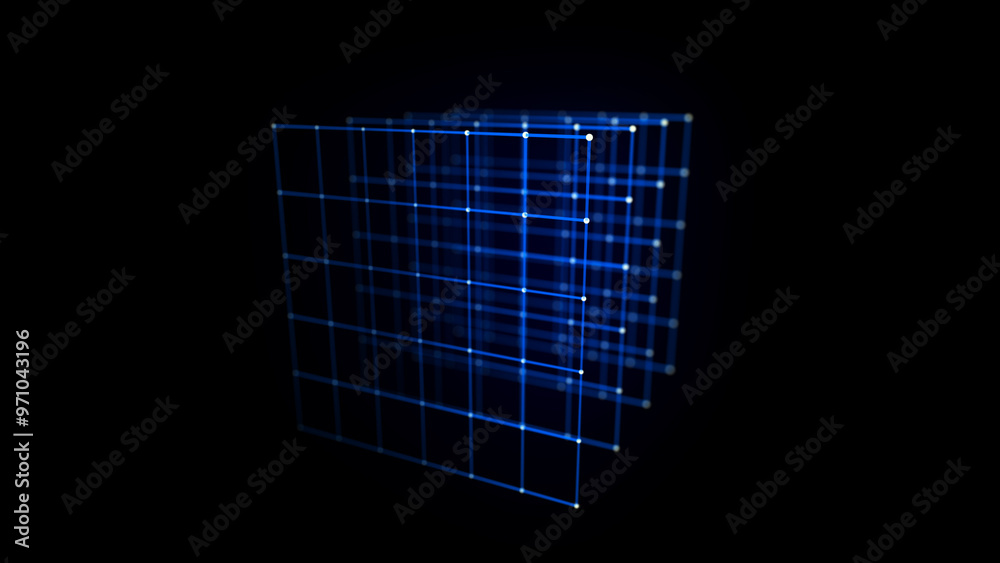 Wall mural abstract blue cube on black background. wireframe square structure with glowing particles and lines.