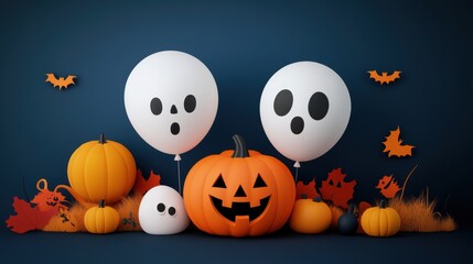 Obraz premium Halloween decoration with ghost balloons, pumpkins, and autumn leaves against a blue background, creating a festive atmosphere.
