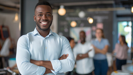Portrait of a smiling, confident black male business leader standing with arms crossed looking at the camera, a group or team working in the style of in a modern office background. 