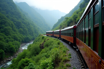 Fototapeta premium a train is traveling down the tracks in the mountains.