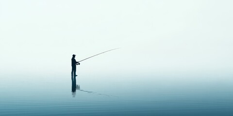 Obraz premium A serene silhouette of a fisherman standing in calm waters, reflecting tranquility and connection with nature.