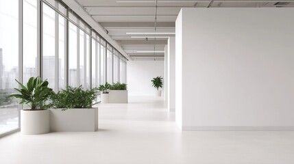 Obraz premium Modern open space office interior with minimalist design and mockup wall