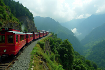 a red train is going down the tracks in the mountains