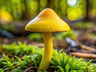 Detail that topises a bright yellow trumpet shaped mushroom with its bell that unf unf and and or...