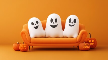 Three cheerful ghosts on an orange sofa surrounded by pumpkins, perfect for Halloween-themed decor and celebrations.
