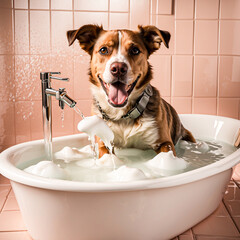 Create an 8K scene of a radiant dog taking a bath in a bathtub, surrounded by abundant foam and floating bubbles, showing a happy face.