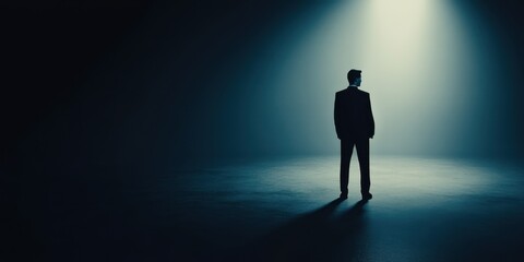 A solitary figure stands in a dark space, illuminated by a single beam of light, evoking a sense of mystery and contemplation.