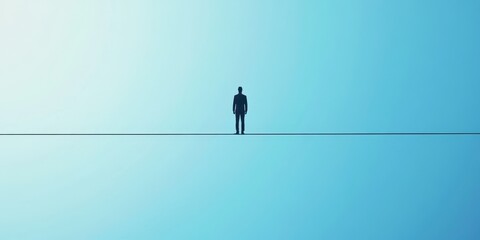 A solitary figure stands on a thin line against a serene blue background, symbolizing balance and contemplation.